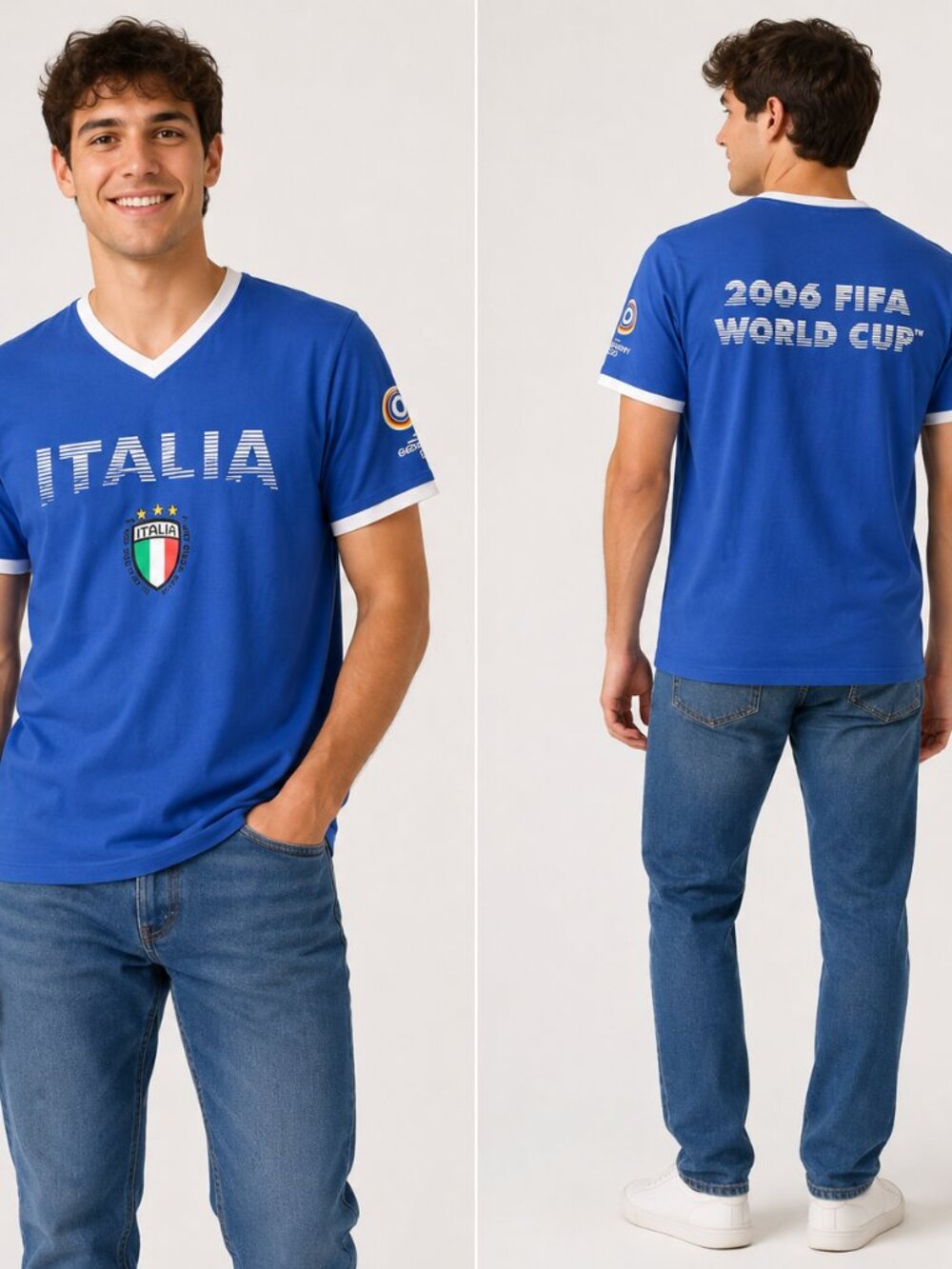 Italia 2006 FIFA World Cup Blue V-Neck Soccer T-Shirt Italy See Measurements
